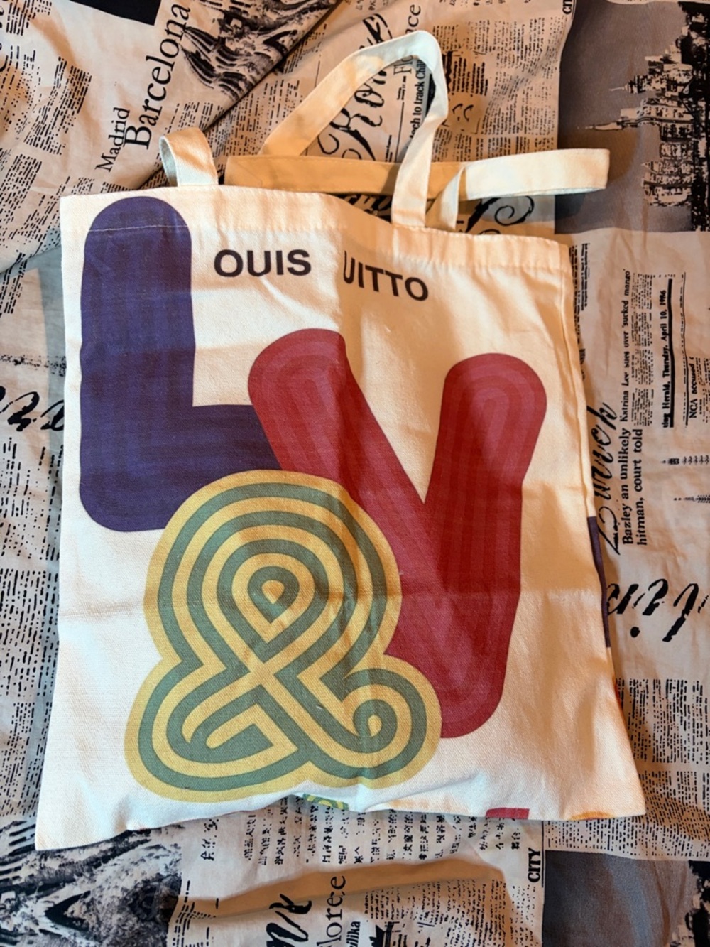 Cream Canvas Tote with Colorful Multicolor Lettering